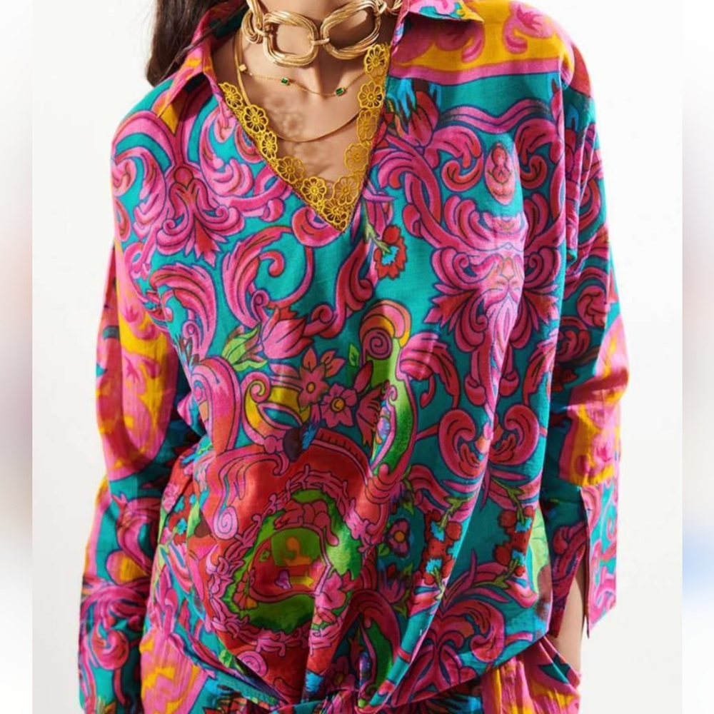 Cin Cin Pink Cotton Floral Shirt  relaxed oversized Top in Cirque size XL EUC